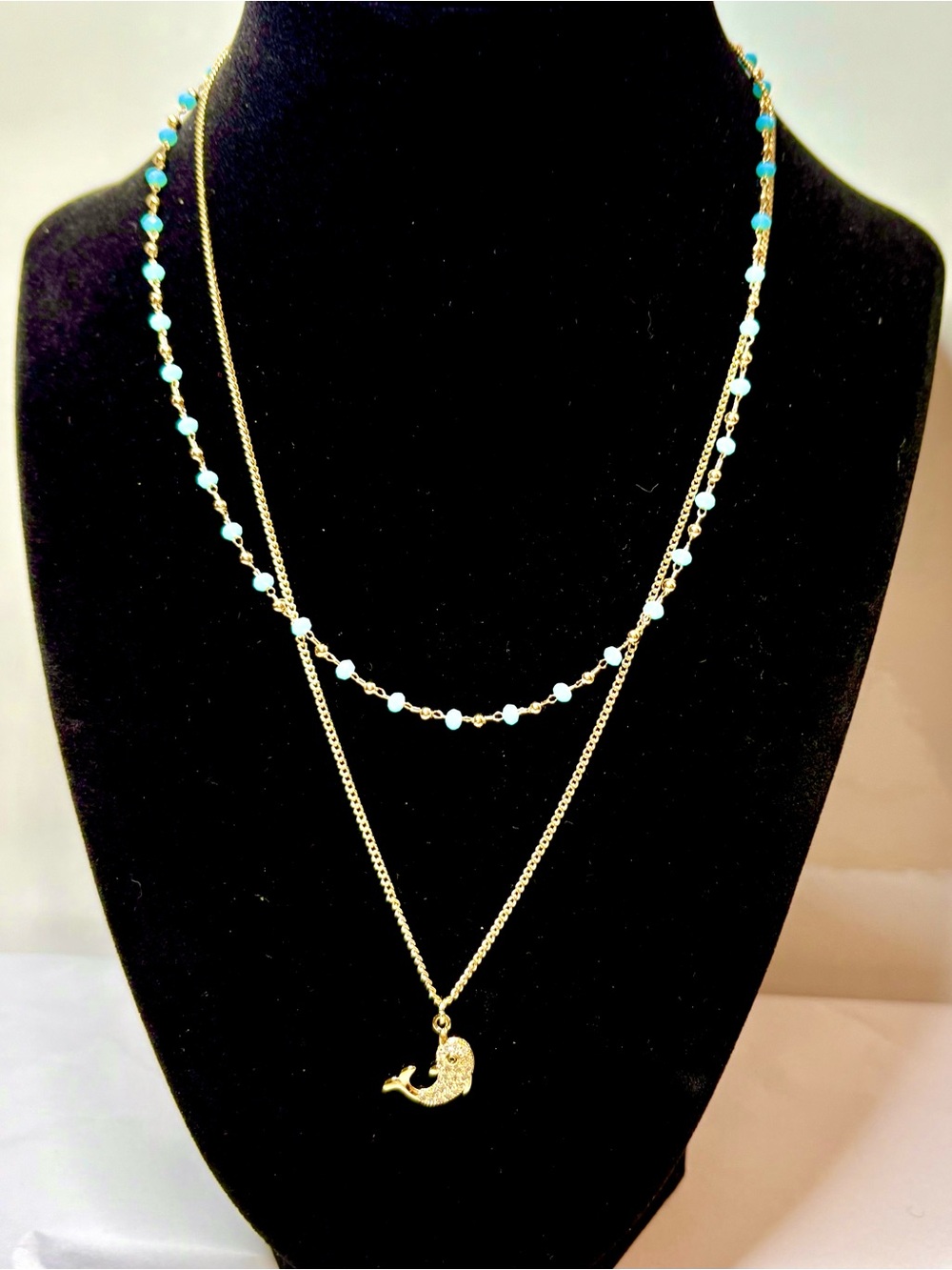 14k Gold Plated Double-Layer Necklace with Turquoise Beads and Fish Pendant!